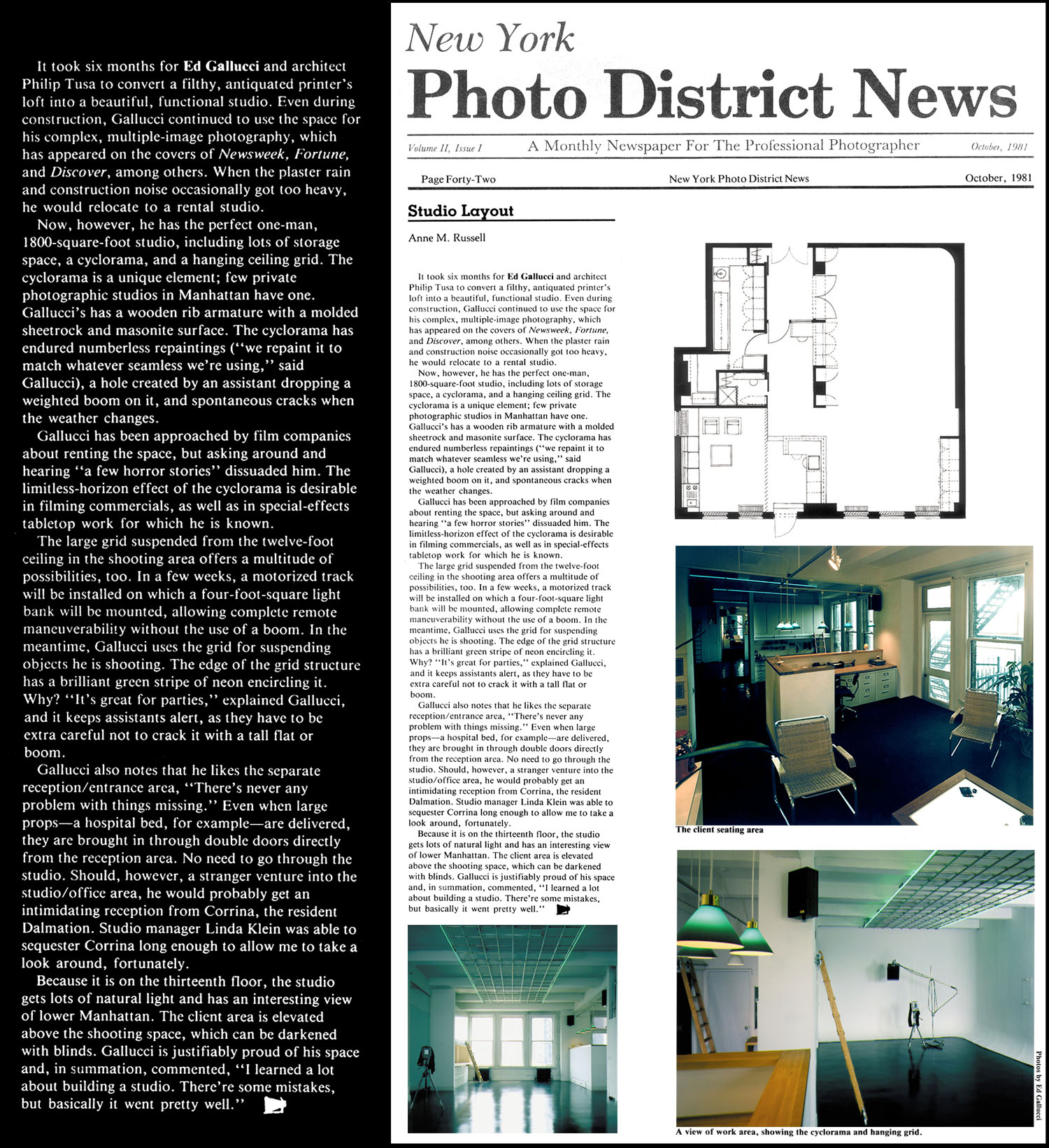 Photo District News Article (10/81) pg.42; Gallucci "Studio Layout"