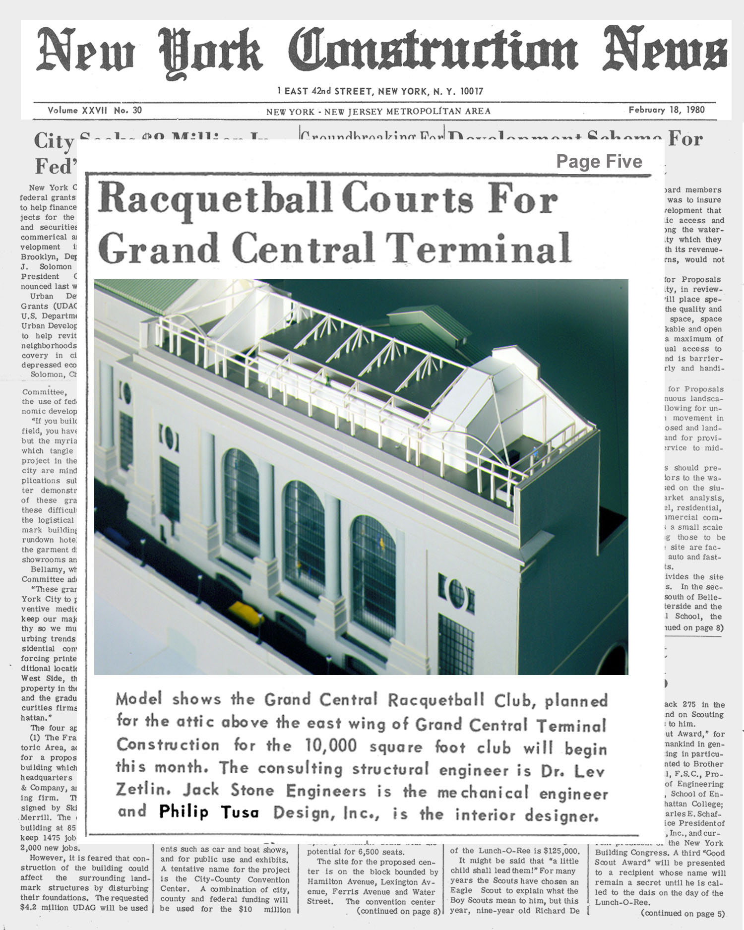 N.Y. Constr.uction News Article (2/18/80) pg5; Grand Central Racquetball Club